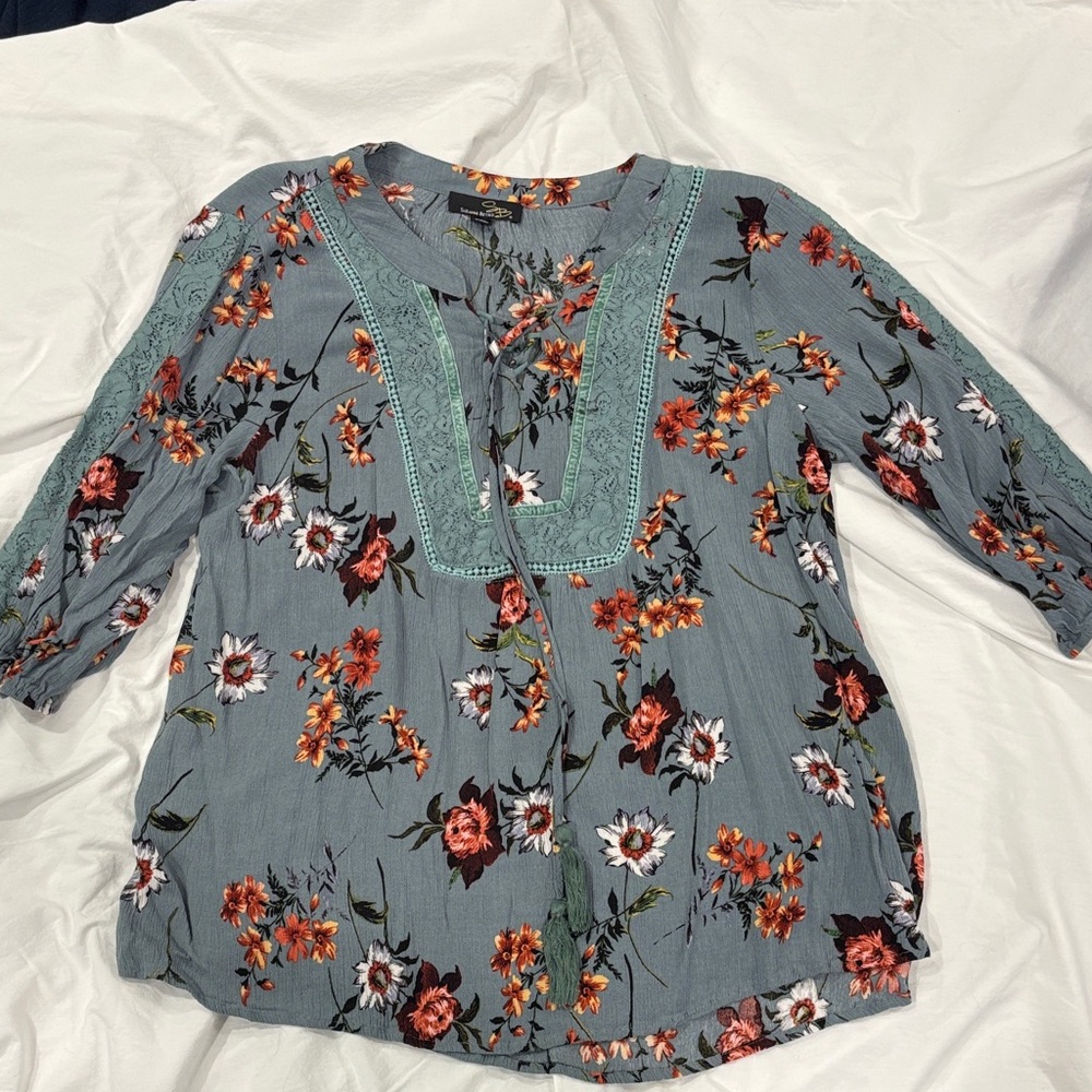 Suzanne Betro Blue Floral Blouse with Lace Trim